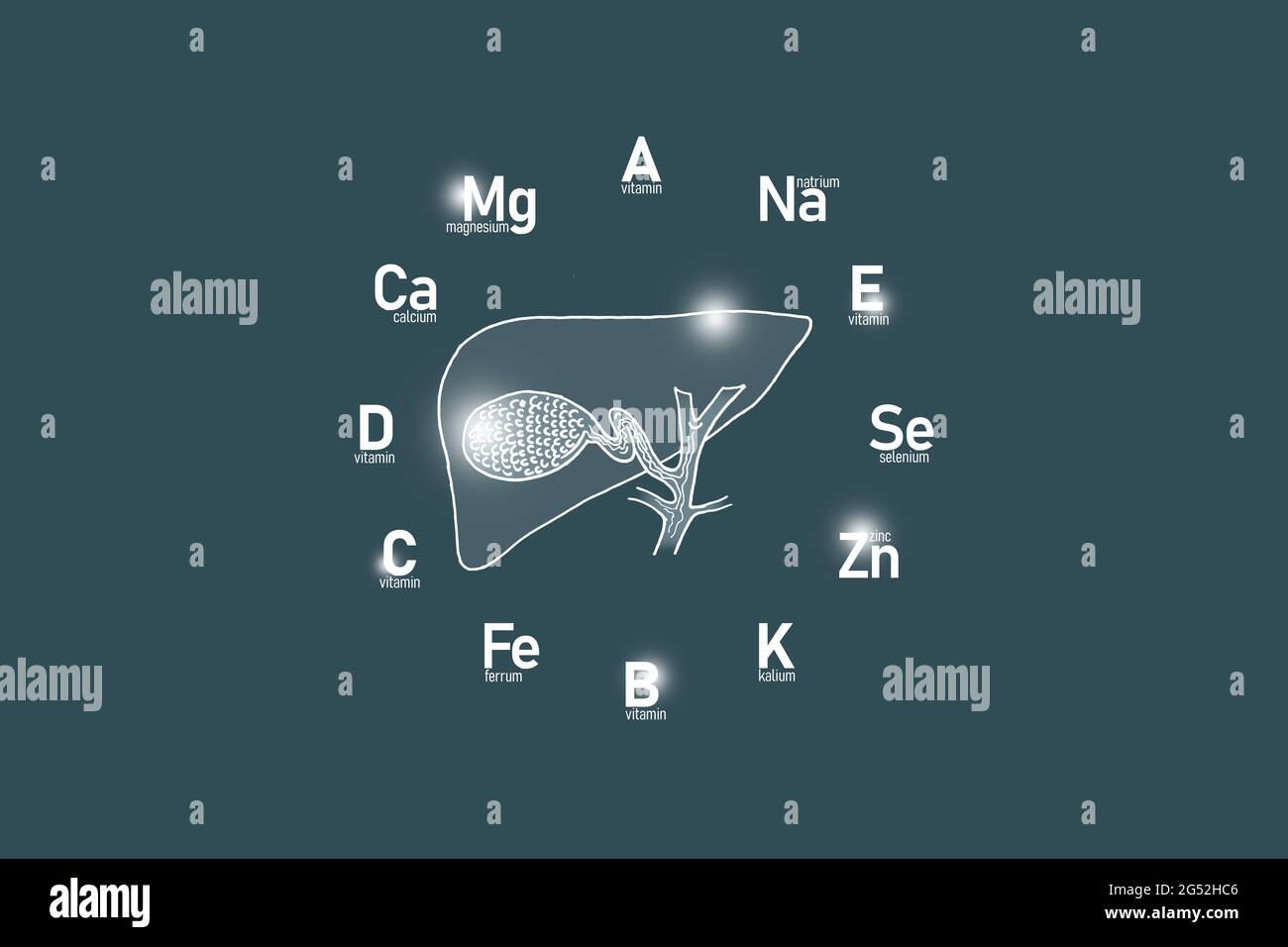 Clockface stilizzato con vitamine essenziali e microelementi per la salute umana, vescica di galline disegnata a mano, sfondo grigio scuro. Foto Stock