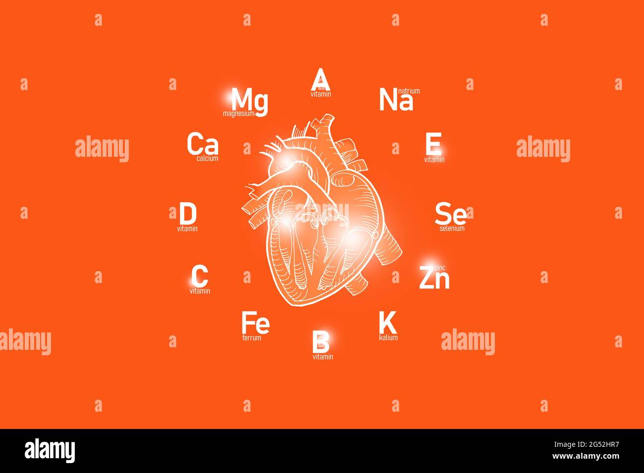 Clockface stilizzato con vitamine essenziali e microelementi per la salute umana, cuore disegnato a mano, sfondo rosso. Foto Stock