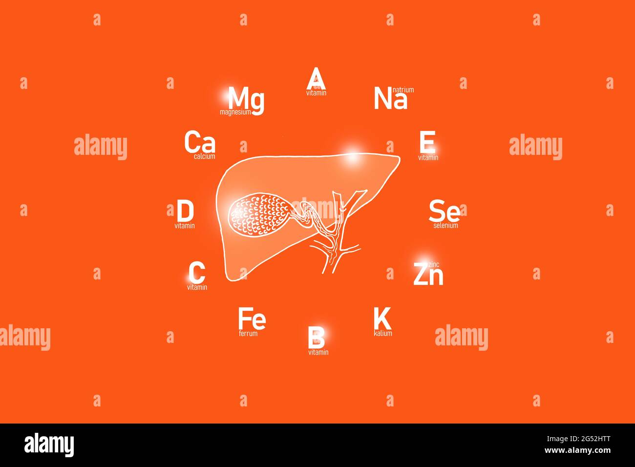 Clockface stilizzato con vitamine essenziali e microelementi per la salute umana, vescica di galline disegnata a mano, sfondo rosso. Foto Stock