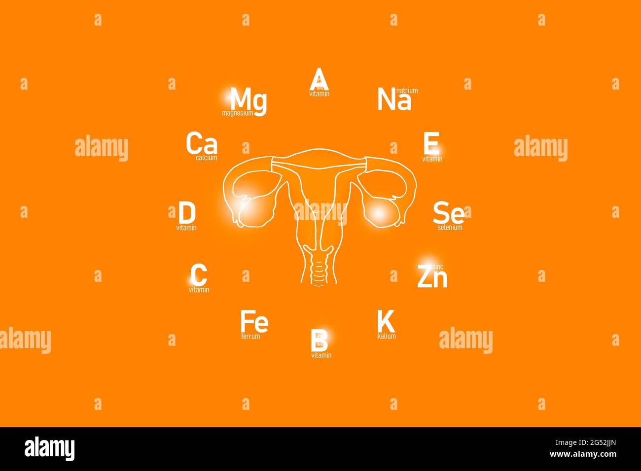 Orologio stilizzato con vitamine essenziali e microelementi per la salute umana, utero disegnato a mano, sfondo arancione. Foto Stock