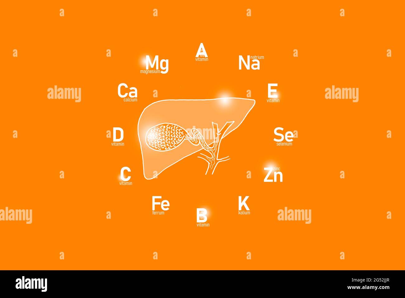 Clockface stilizzato con vitamine essenziali e microelementi per la salute umana, vescica di galline disegnata a mano, sfondo arancione. Foto Stock