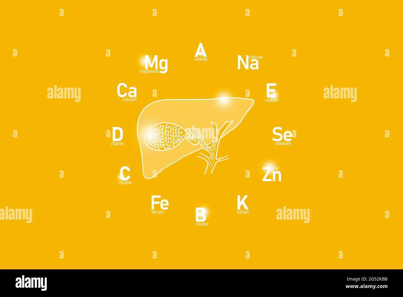 Clockface stilizzato con vitamine essenziali e microelementi per la salute umana, vescica di galline disegnata a mano, sfondo giallo. Foto Stock