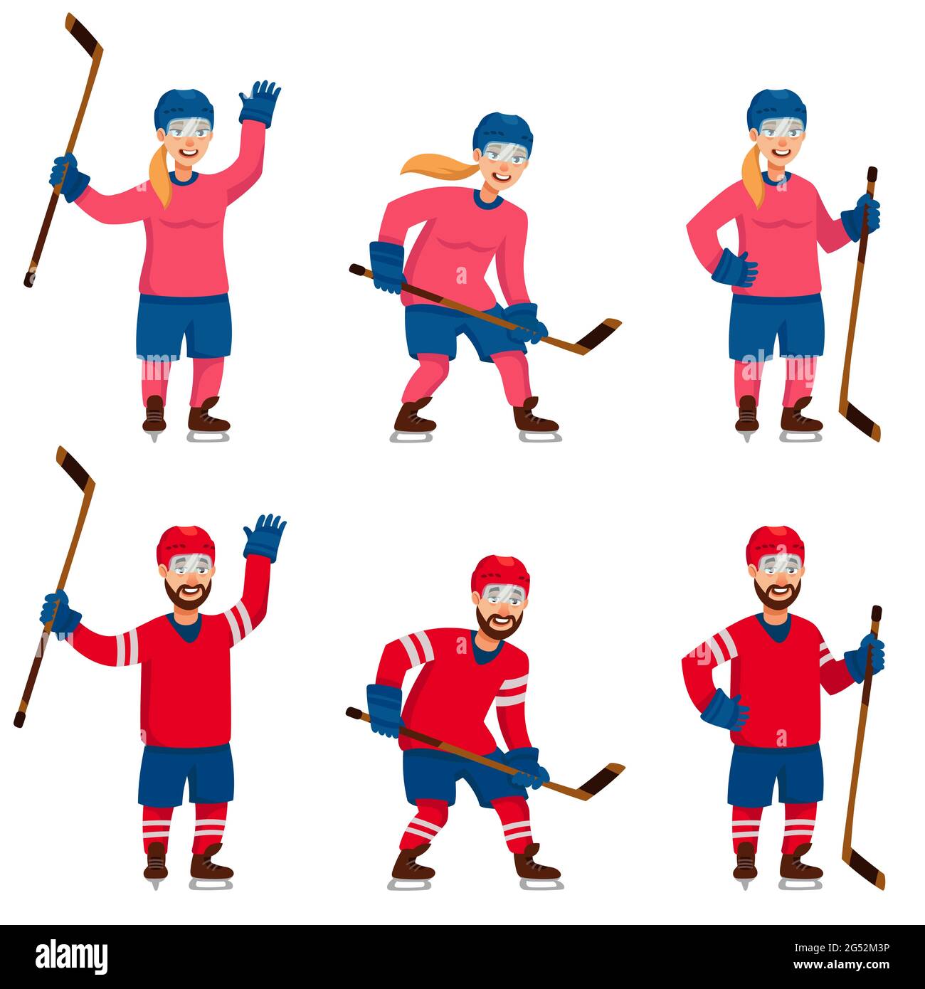 Serie di giocatori di hockey in diverse posizioni. Personaggi maschili e femminili in stile cartoon. Illustrazione Vettoriale