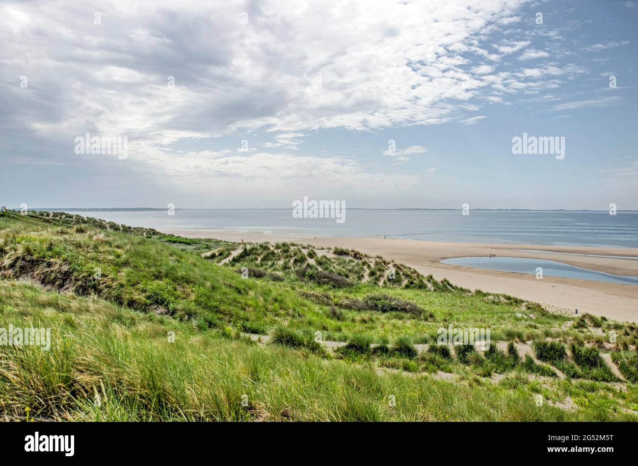 Vista da una duna alta su un'ampia spiaggia di sabbia, il Mare del Nord e uno spettacolare cielo nuvoloso nella zona industriale di Maasvlakte a Rotterdam, Paesi Bassi Foto Stock