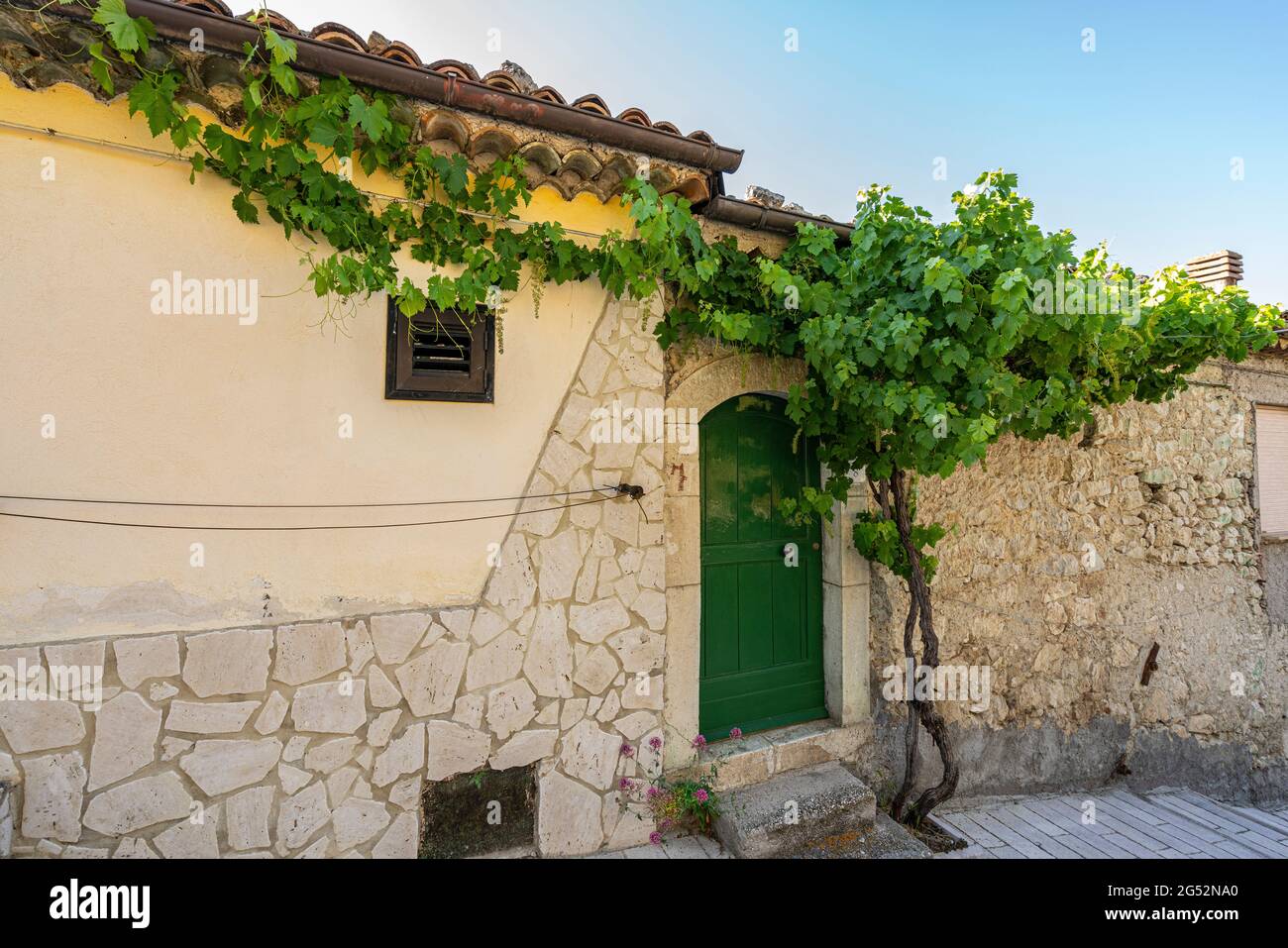 Porta verde di una casa di campagna con una lussureggiante vite verde. Muri di pietra. Cerro al Volturno, Provincia di Isernia, Molise, Italia, Europa Foto Stock
