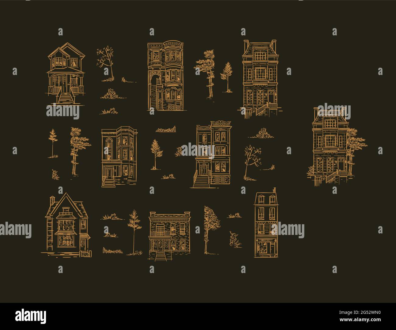 Set di case e alberi da giardino disegnando in vecchio stile vintage ob sfondo marrone. Mescola la tua composizione. Illustrazione Vettoriale