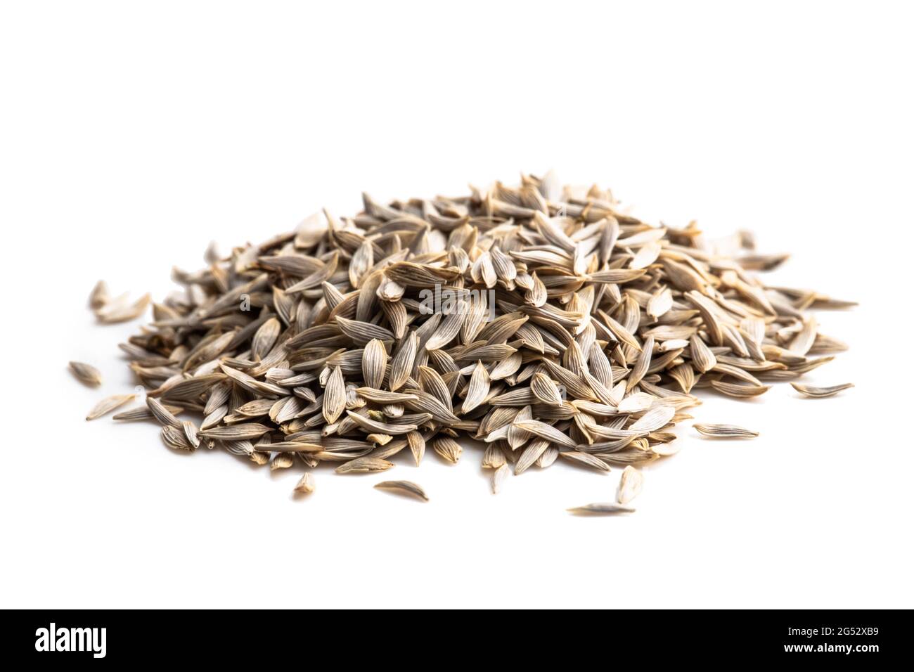 Mucchio di semi di lattuga isolato su bianco pronto a piantare Foto Stock