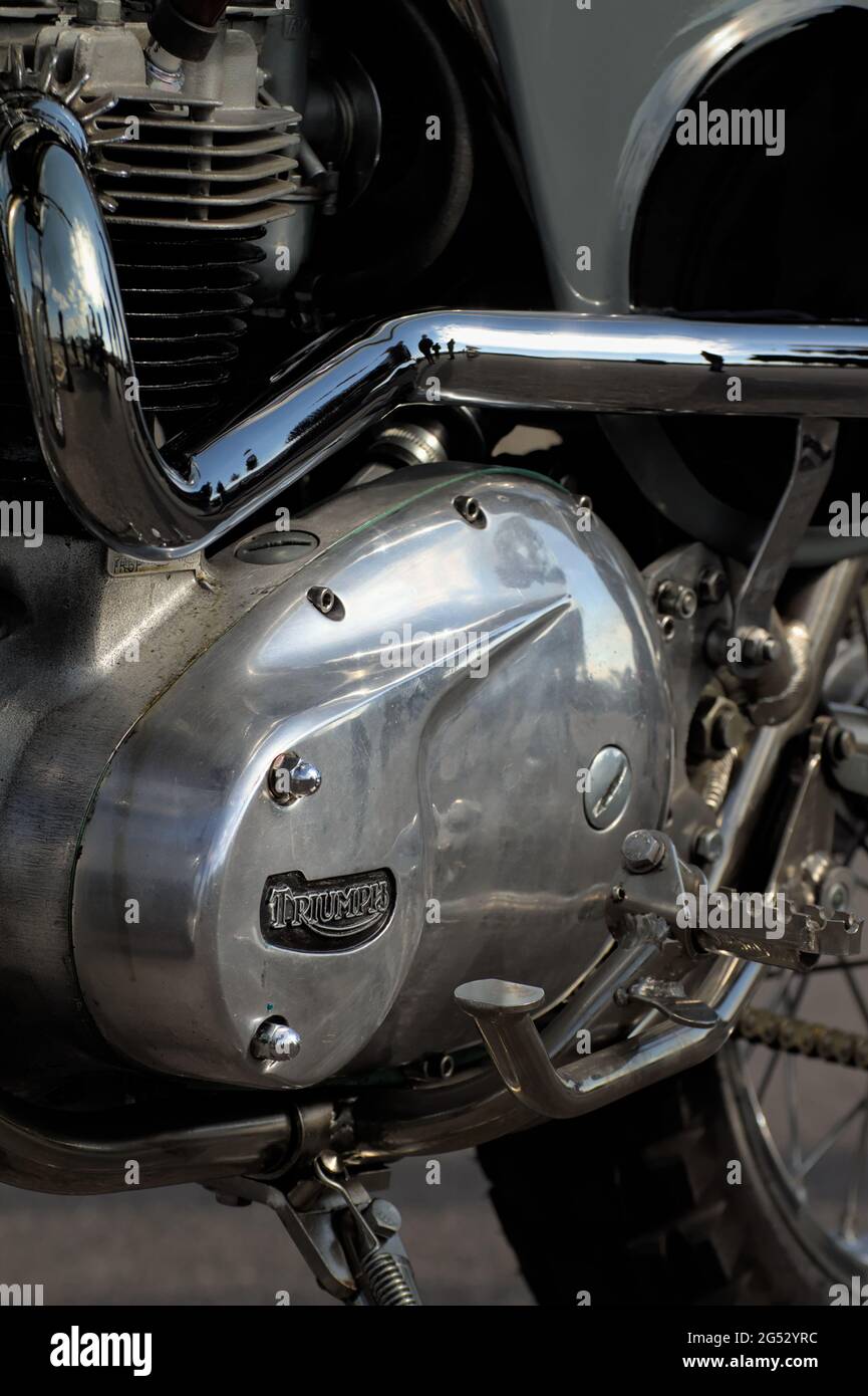 Primo piano di un caso albero motore che mostra il logo Triumph di un Triumph Matisse Rickman Mototrcycle UK degli anni '60 Foto Stock