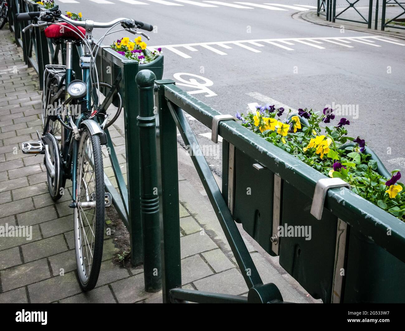City bike parcheggiata vicino al recinto con fiori Foto Stock