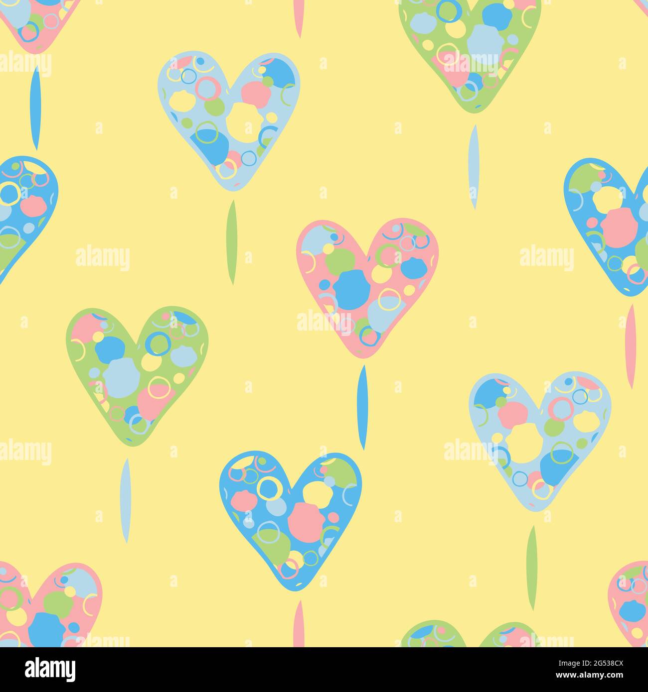 Motivo vettoriale senza cuciture con cuori d'amore color pastello su sfondo giallo. Romantico felice carta da parati design. Artistico Valentine moda tessile. Illustrazione Vettoriale
