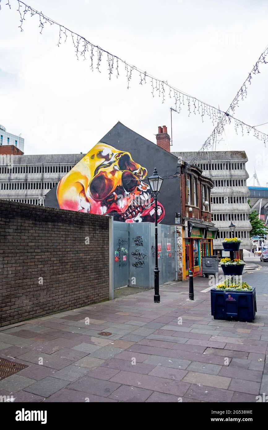 Murale di cranio sul lato della casa a Cardiff, Galles. Foto Stock