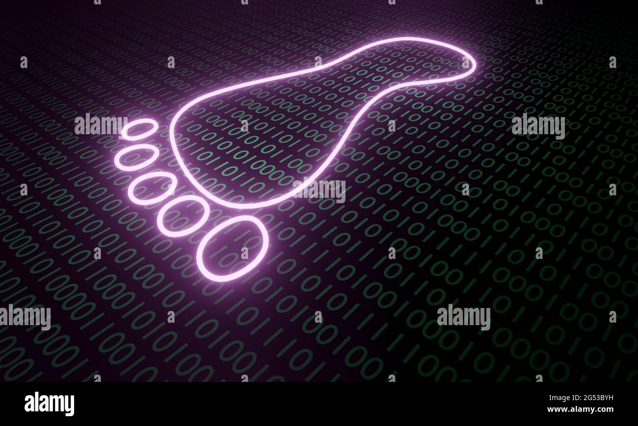 Immagine di un footprint digitale con numeri binari sullo sfondo (rendering 3D) Foto Stock