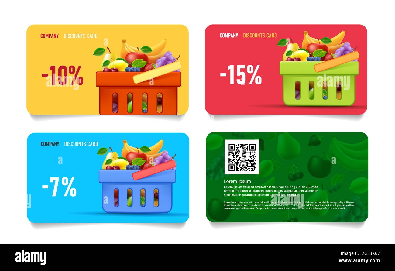 Set di carte sconto programma layalty per negozio di alimentari o supermercato con percentuale e 3D shopping basket illustrazione piena di frutta Illustrazione Vettoriale