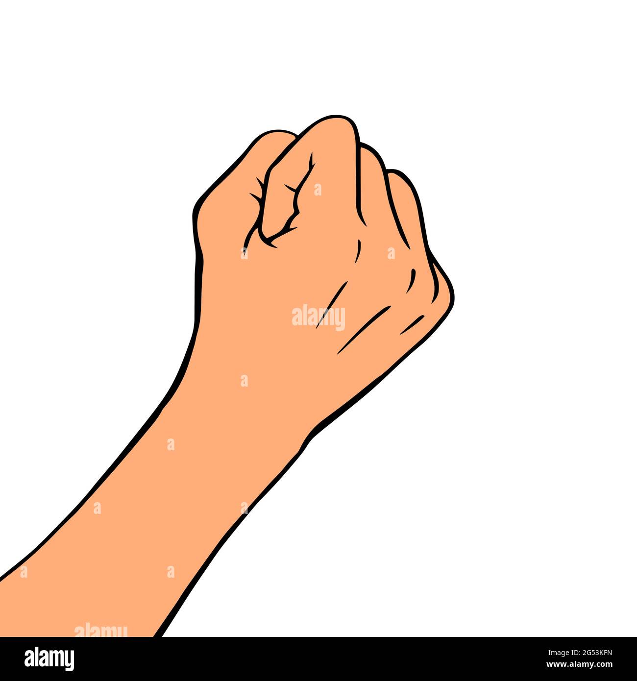 Pugno di mano minaccioso femminile su sfondo bianco. Gesto di protesta o di minaccia. Illustrazione vettoriale cartoon disegnata a mano Illustrazione Vettoriale