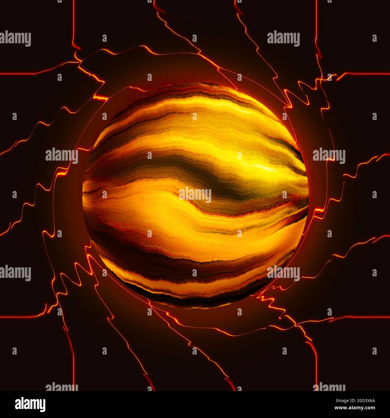 Occhio della tigre - traboccante di vitalità. Sfera di energia elettrica circondata da fulmini elettrici. Sfera Planet lucida con strisce nere e gialle. Foto Stock