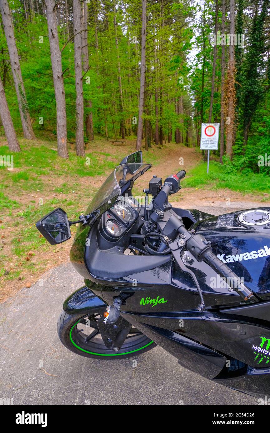 Maggio 2021 Parma, Italia: Moto Kawasaki parcheggiata da vicino attraverso il percorso nel bosco. Avventura Foto Stock