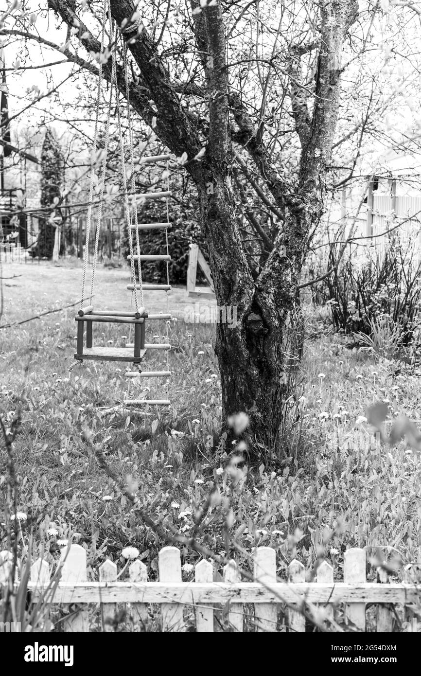 L'oscillazione dei bambini pende su un albero su un luogo vicino la casa Foto Stock