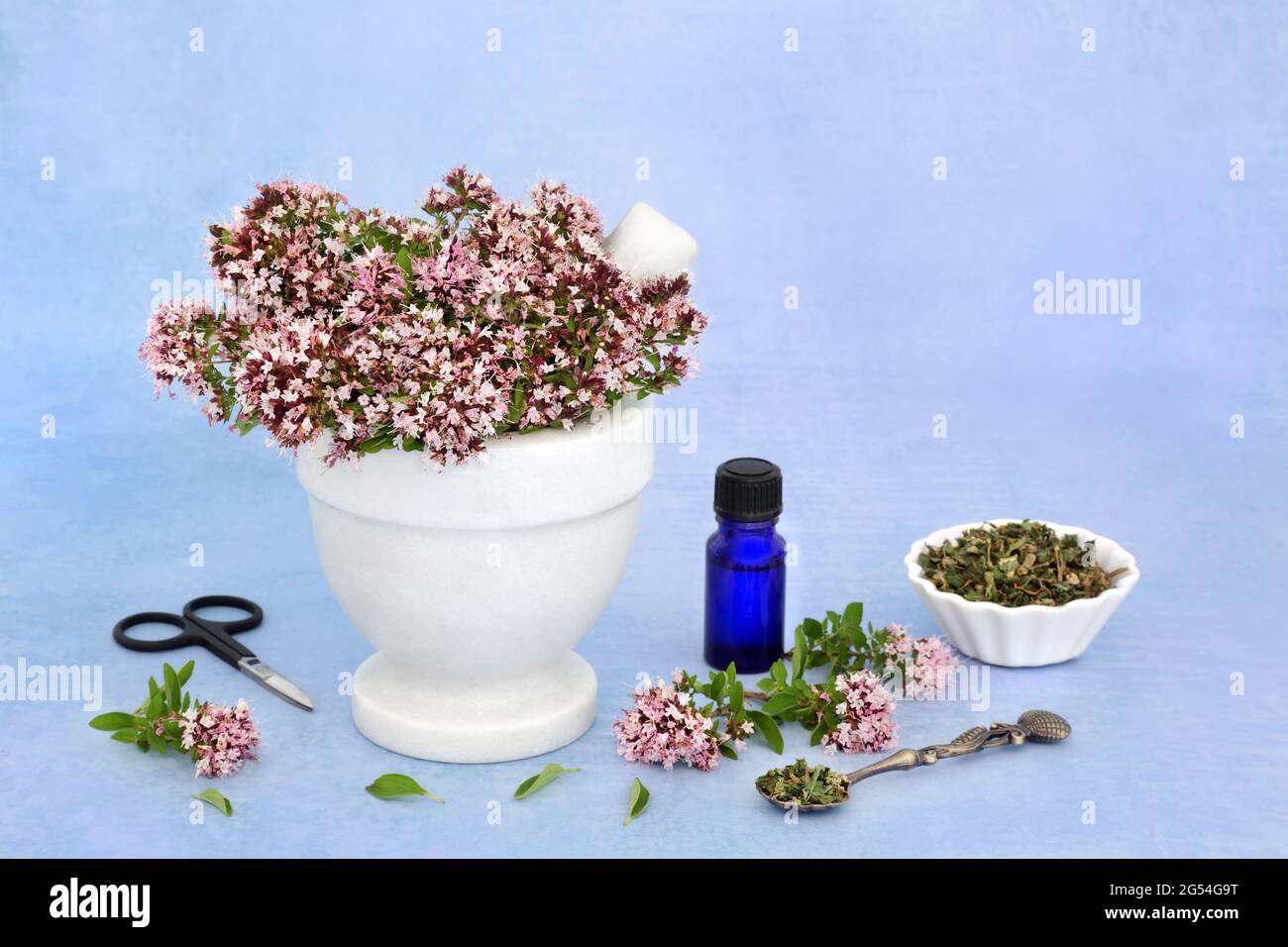 Oregano fiori di erbe in un mortaio con bottiglia di olio essenziale e foglie di erbe secche. Usato in medicina di erbe per alleviare i sintomi di IBS. Foto Stock