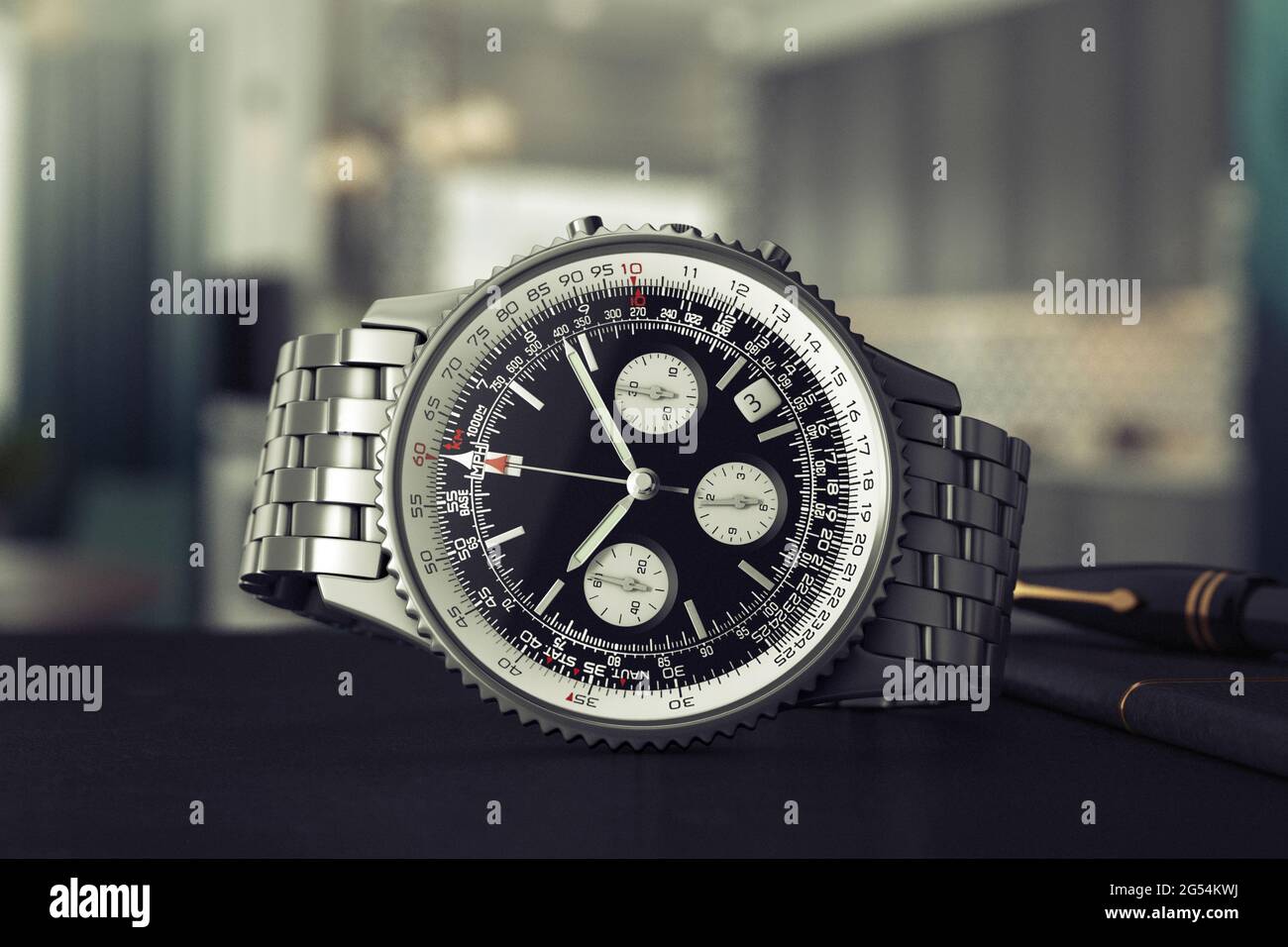 Orologio da polso Silver Classic Analog da uomo di lusso da tavolo per un  primo piano estremo. Rendering 3d Foto stock - Alamy