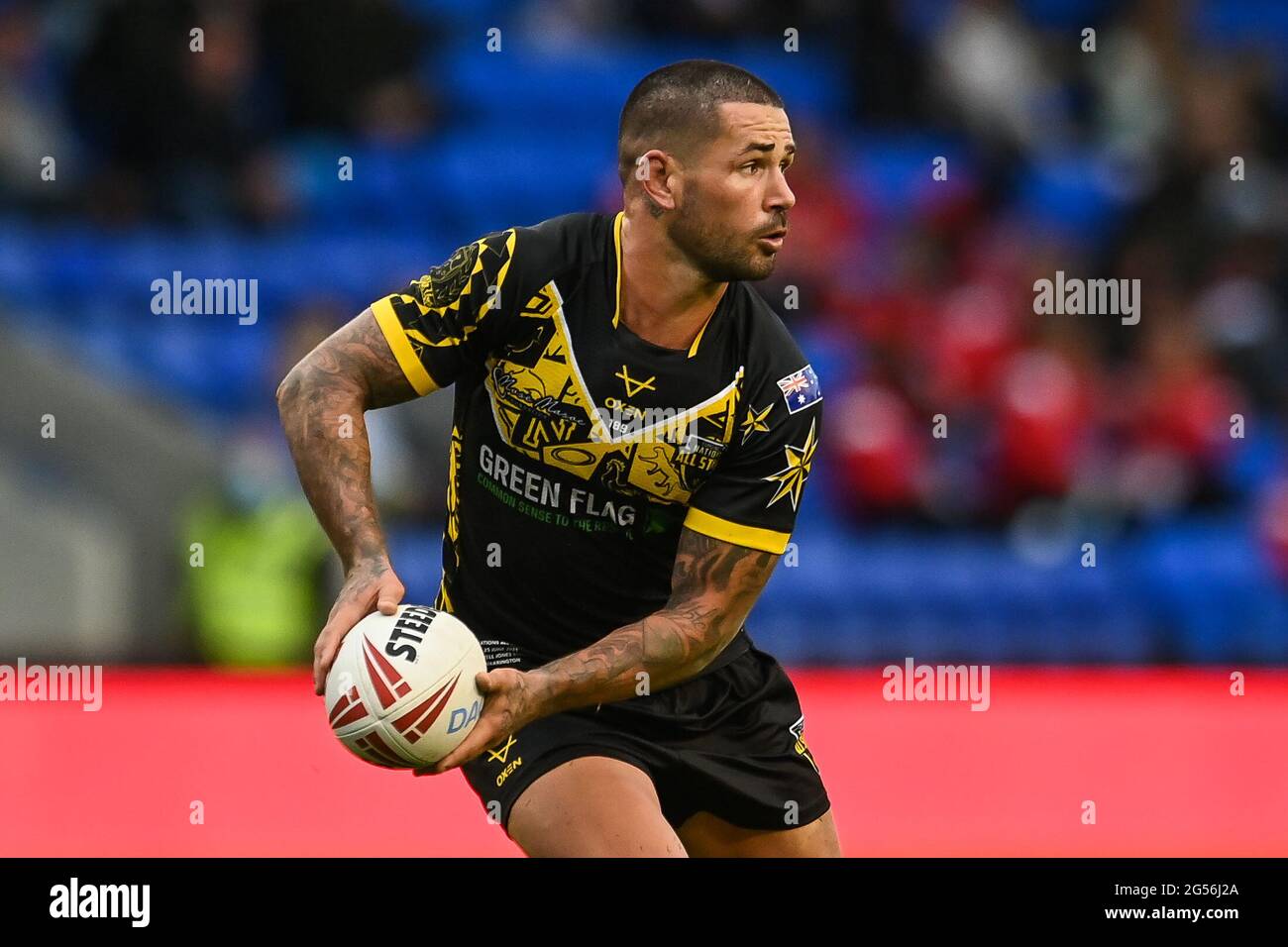 Warrington, Regno Unito. 25 Giugno 2021. Nathan Peats (9) della Combined Nations All Stars in Action in, il 25/2021. (Foto di Craig Thomas/News Images/Sipa USA) Credit: Sipa USA/Alamy Live News Credit: Sipa USA/Alamy Live News Foto Stock