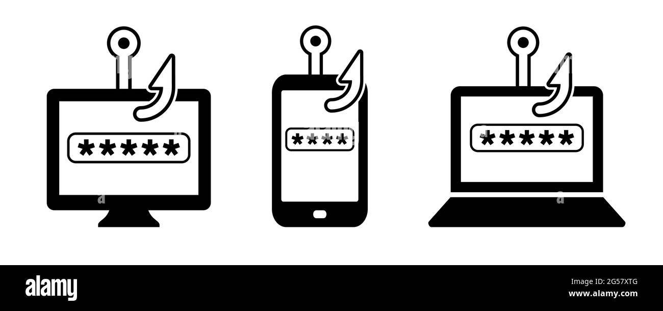 Malware di phishing per la password di accesso sul computer portatile o smartphone simboli immagine vettoriale set di icone Illustrazione Vettoriale
