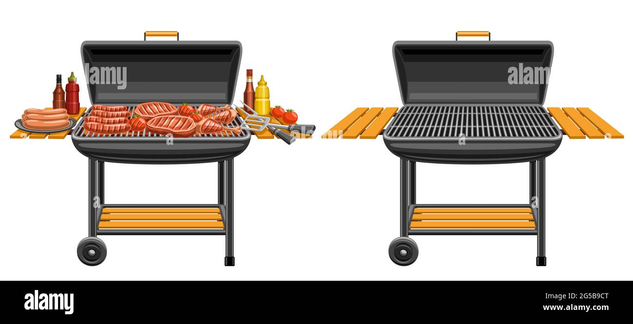 Illustrazioni vettoriali di grigliate barbecue, barbecue con bistecche di maiale fritte e gustose verdure alla griglia, barbeque isolato barile con grata vuota e. Illustrazione Vettoriale