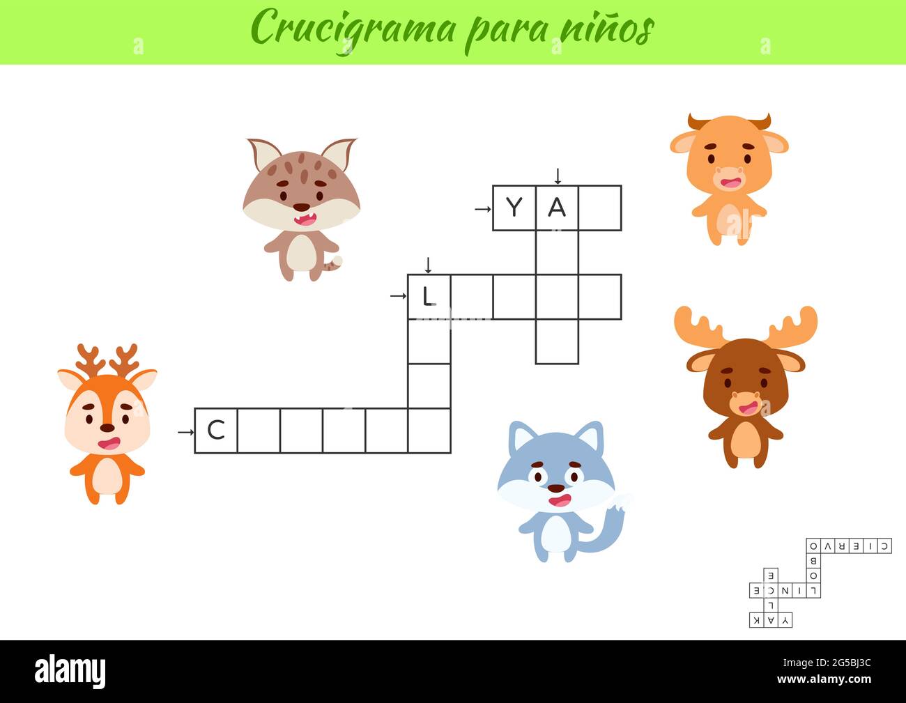 Crossword per bambini in spagnolo con foto di animali. Gioco educativo per  studiare la lingua e le parole spagnole. Foglio di lavoro stampabile per le  attività dei bambini Immagine e Vettoriale -