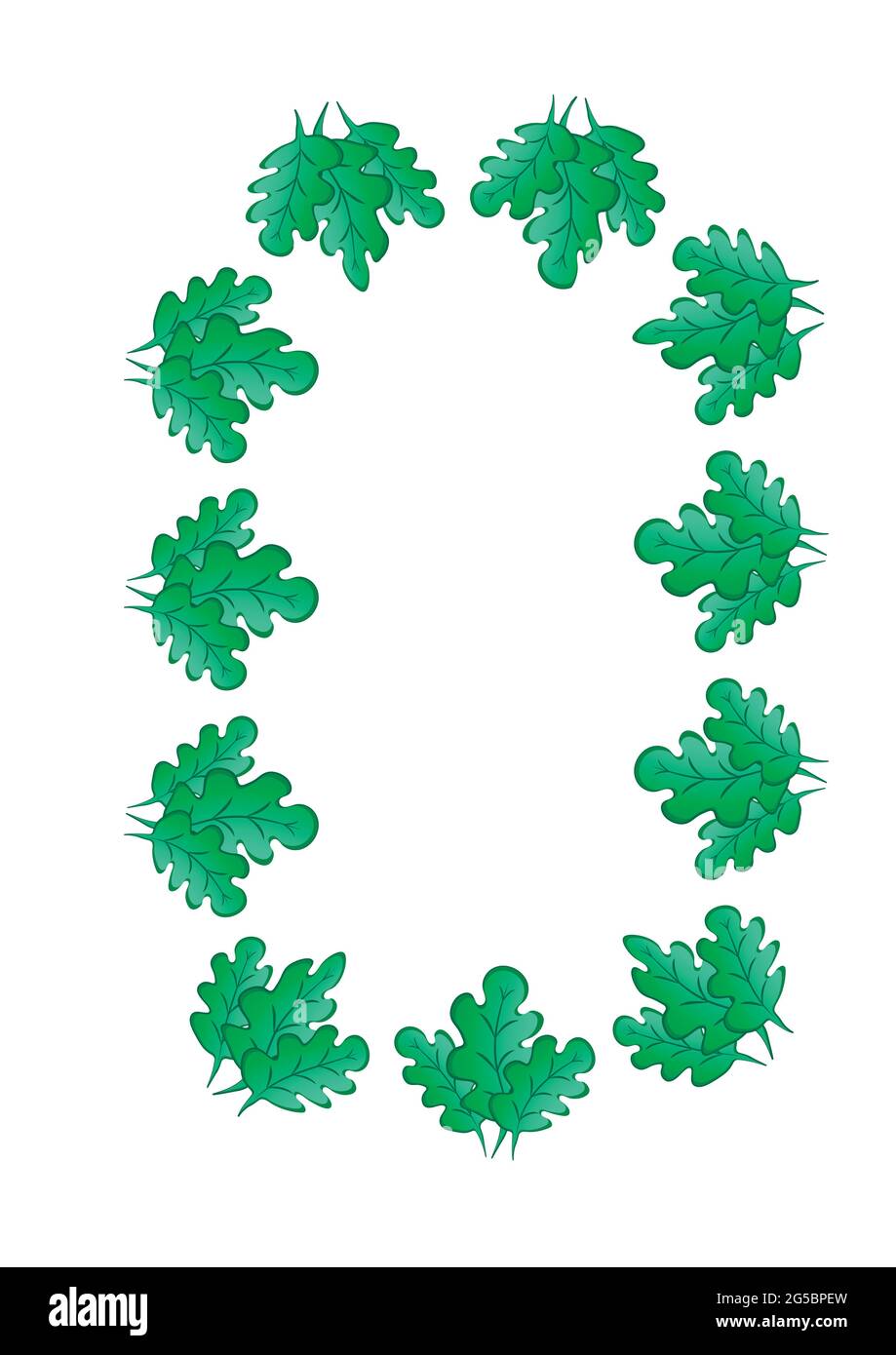 Cornici di foglie di quercia verde su foglio bianco di formato A4,  pastiche, grafica sul tema della pianta. Progettazione di copertine per  notebook, app mobili, siti Web, elementi di design Immagine e