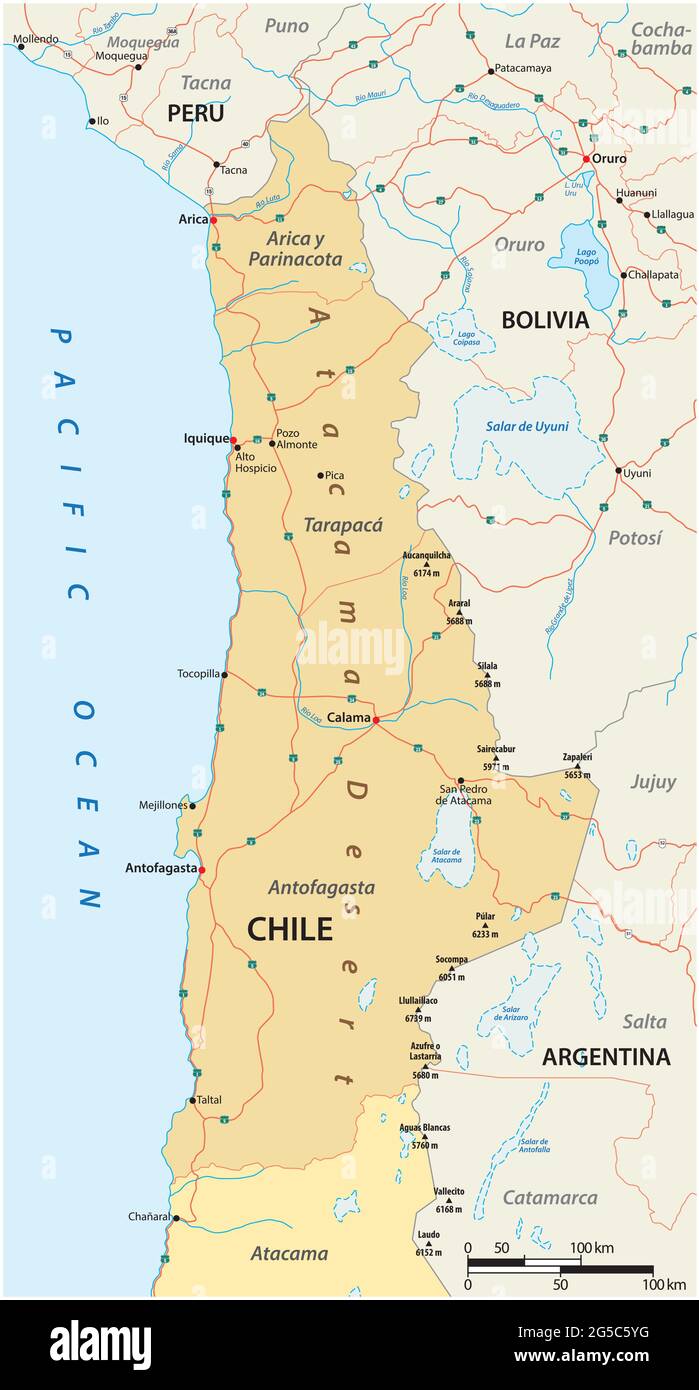 Mappa vettoriale delle strade del deserto di Atacama nel nord del Cile Illustrazione Vettoriale