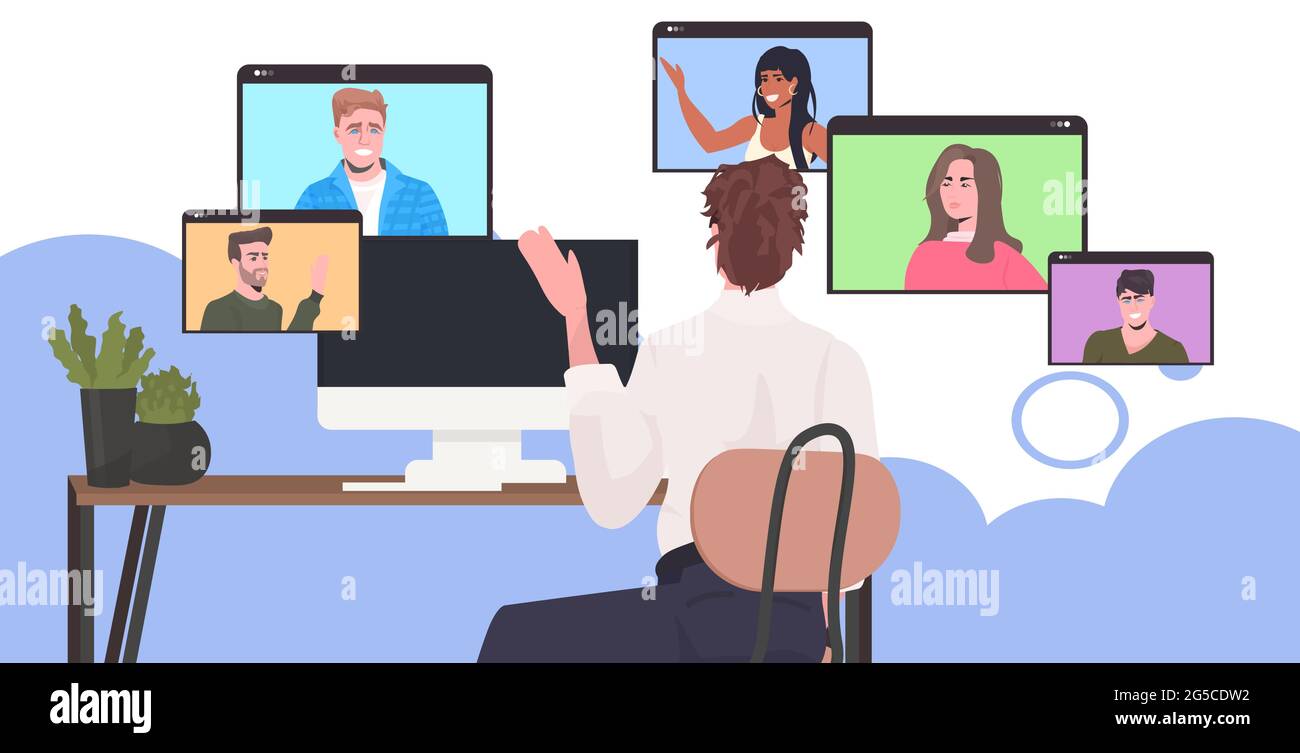 uomo d'affari che parla con colleghi di gara mix in finestre del browser web durante la videochiamata in conferenza online Illustrazione Vettoriale