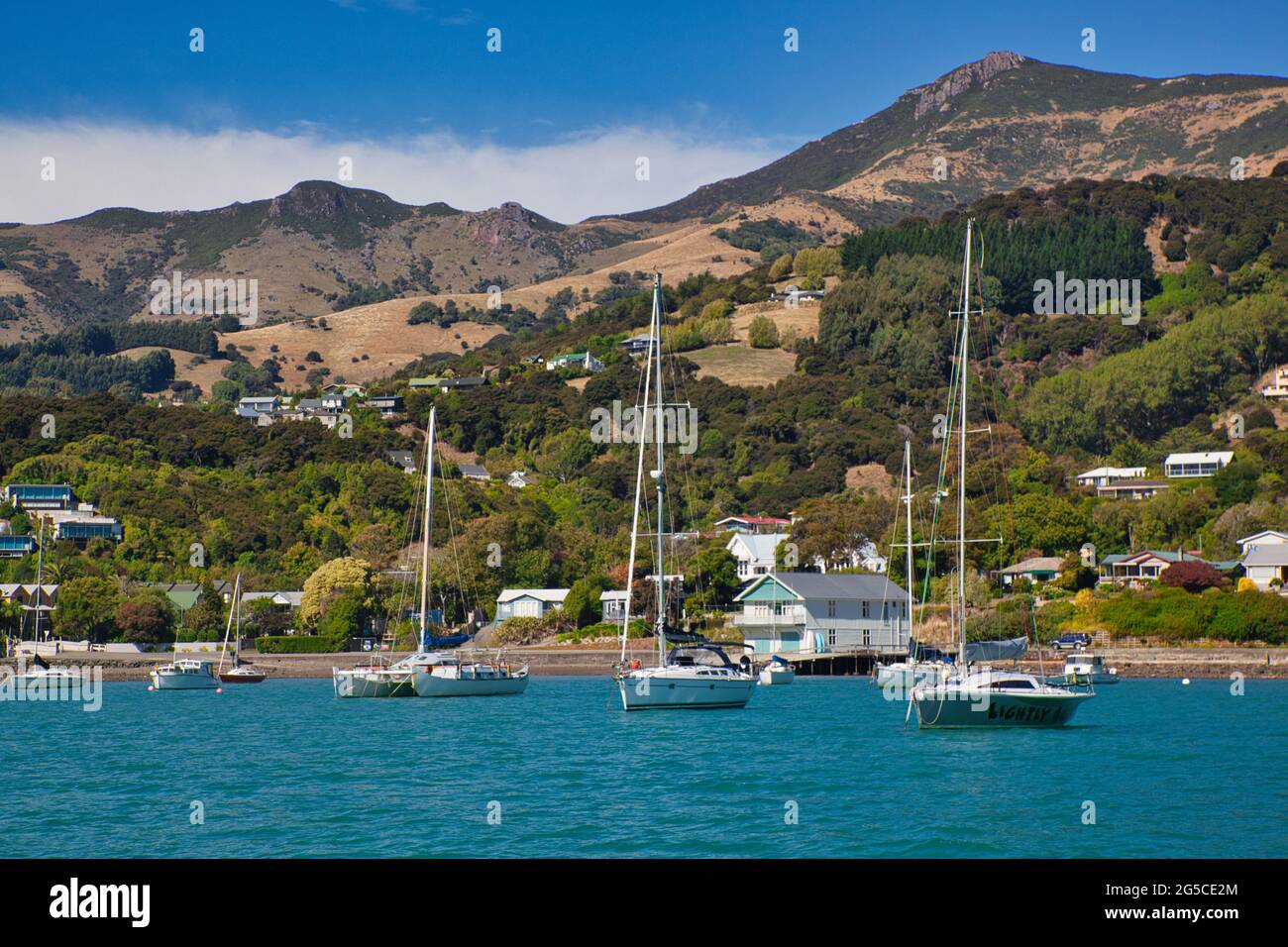 Bella cornice di colline, case, piccole barche e yacht in ormeggi, sulla costa orientale di South Island, Nuova Zelanda Foto Stock