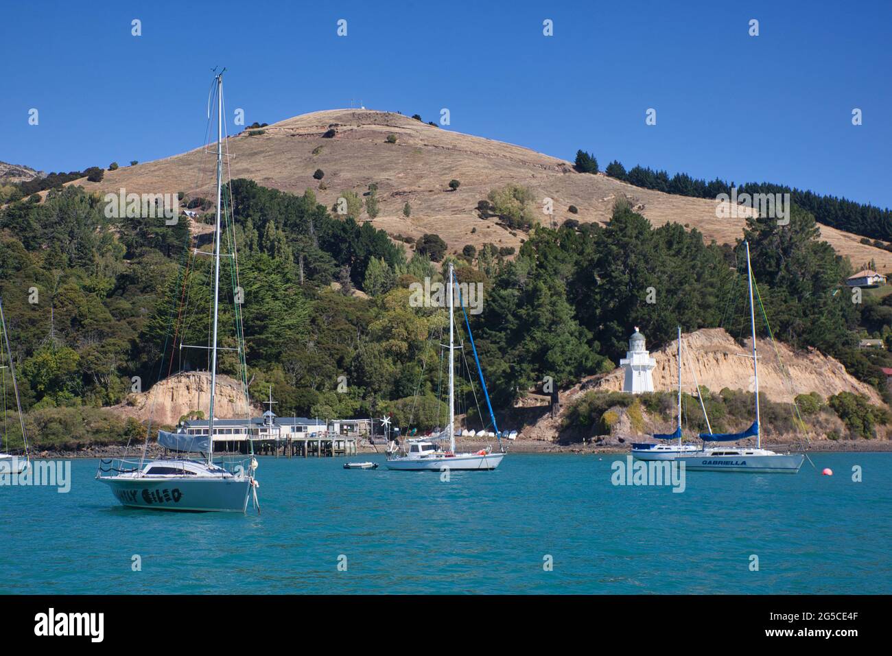 Bella cornice di colline, case, piccole barche e yacht in ormeggi, sulla costa orientale di South Island, Nuova Zelanda Foto Stock