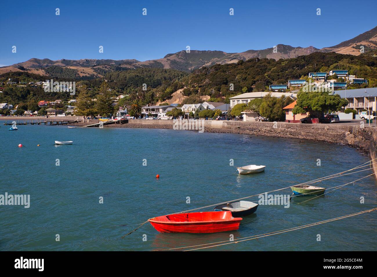 Bella cornice di colline, case, piccole barche in ormeggi, sulla costa orientale di South Island, Nuova Zelanda Foto Stock