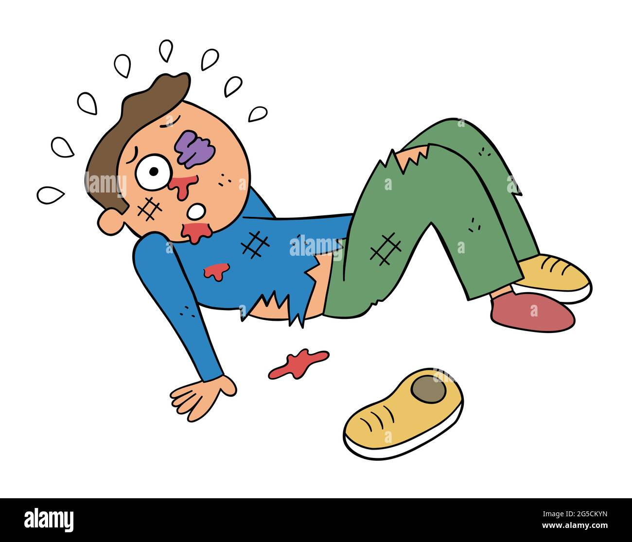 Fumetto uomo picchiato, illustrazione vettoriale. Contorni colorati e neri. Illustrazione Vettoriale