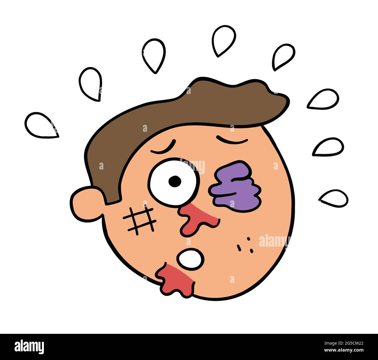 Cartoon testa uomo picchiata, illustrazione vettoriale. Contorni colorati e neri. Illustrazione Vettoriale
