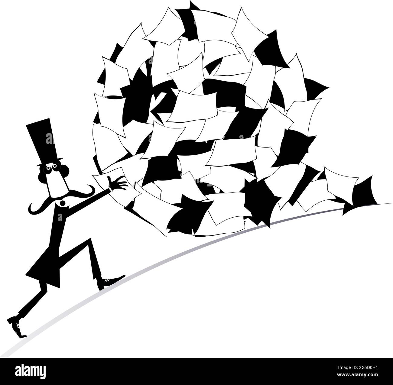Uomo che lavora duro e mucchio di carte. Illustrazione concettuale. L'uomo dei baffi lunghi del fumetto nel cappello di cima rotola su una grande sfera di carte nero su bianco Illustrazione Vettoriale