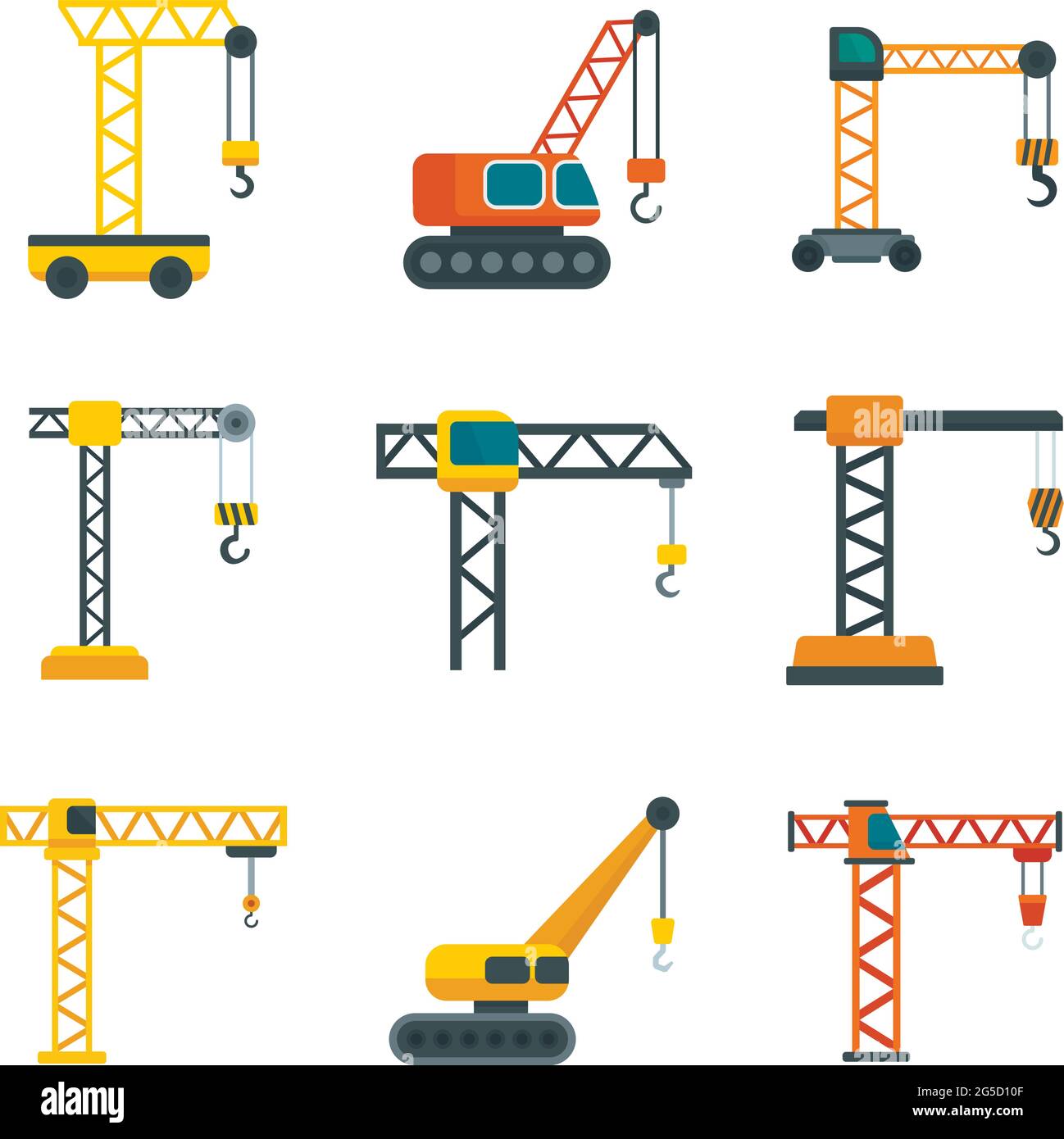 Le icone della gru impostano un vettore piatto isolato Illustrazione Vettoriale Le icone della gru impostano un vettore piatto isolato Illustrazione Vettoriale