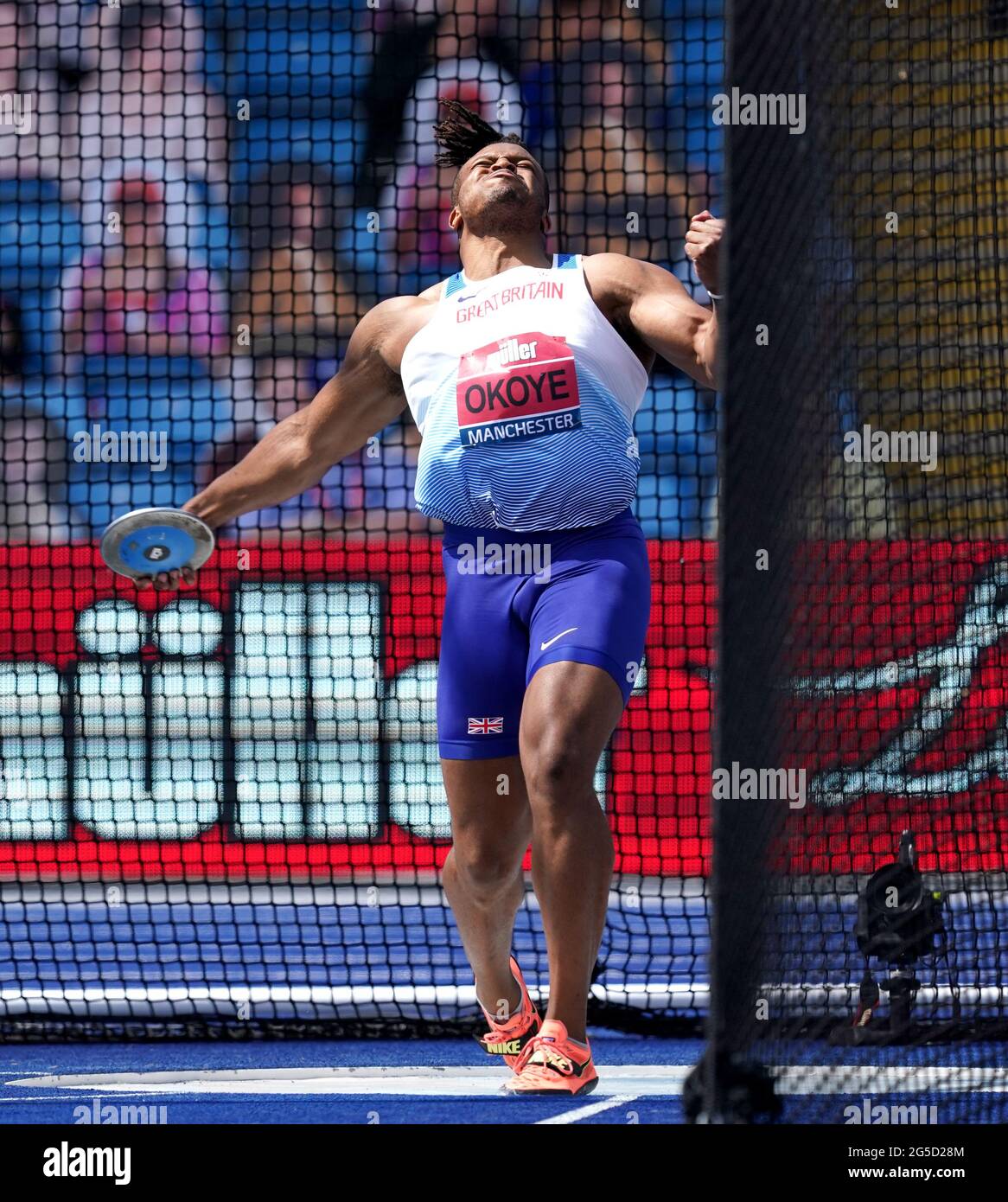 Lawrence Okoye in azione durante il Discus degli uomini durante il secondo giorno dei Muller British Athletics Championships alla Manchester Regional Arena. Data immagine: Sabato 26 giugno 2021. Foto Stock