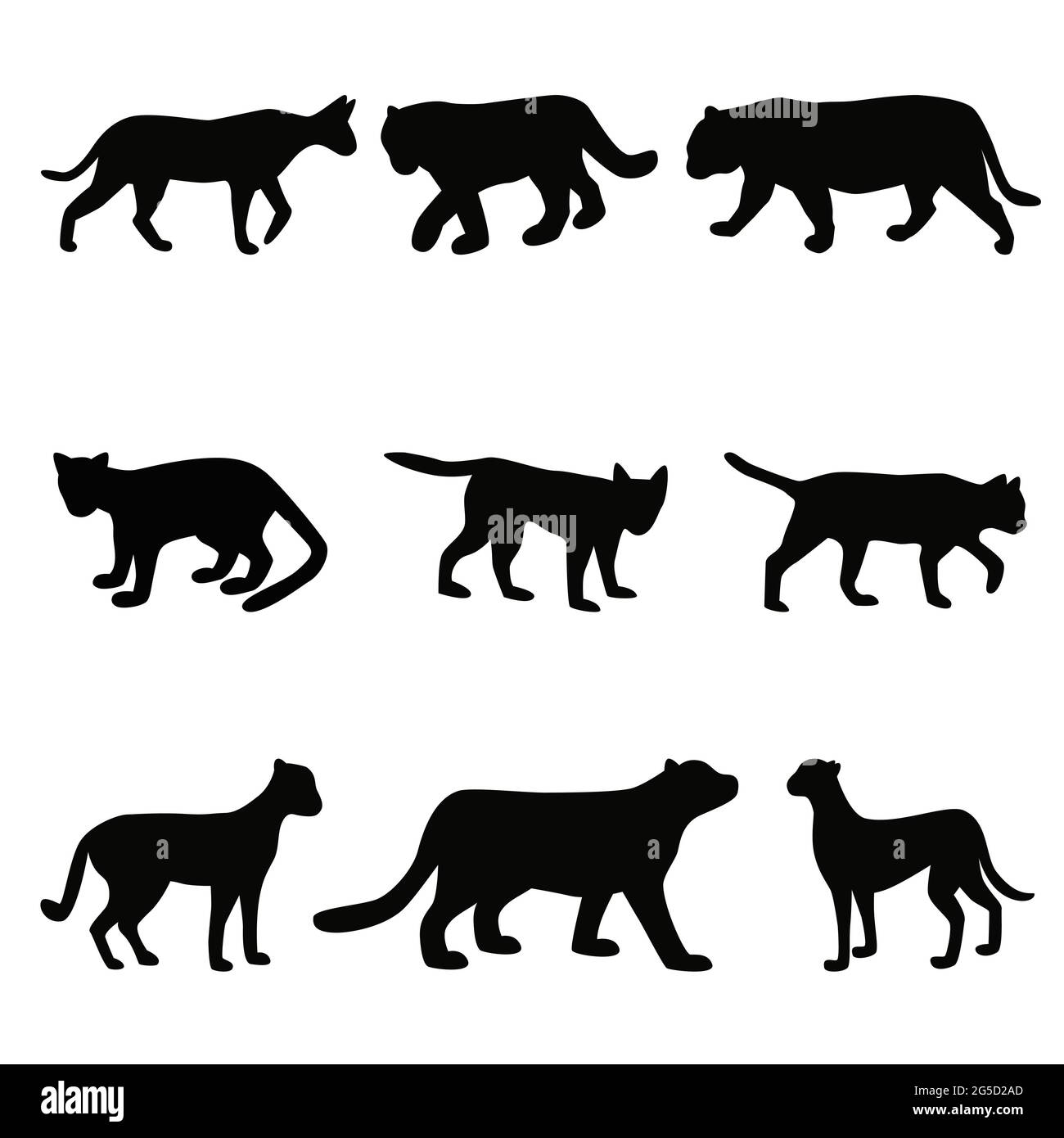 Collezione di silhouette nere della famiglia Cat, linee semplici forme insieme illustrazione vettoriale Illustrazione Vettoriale