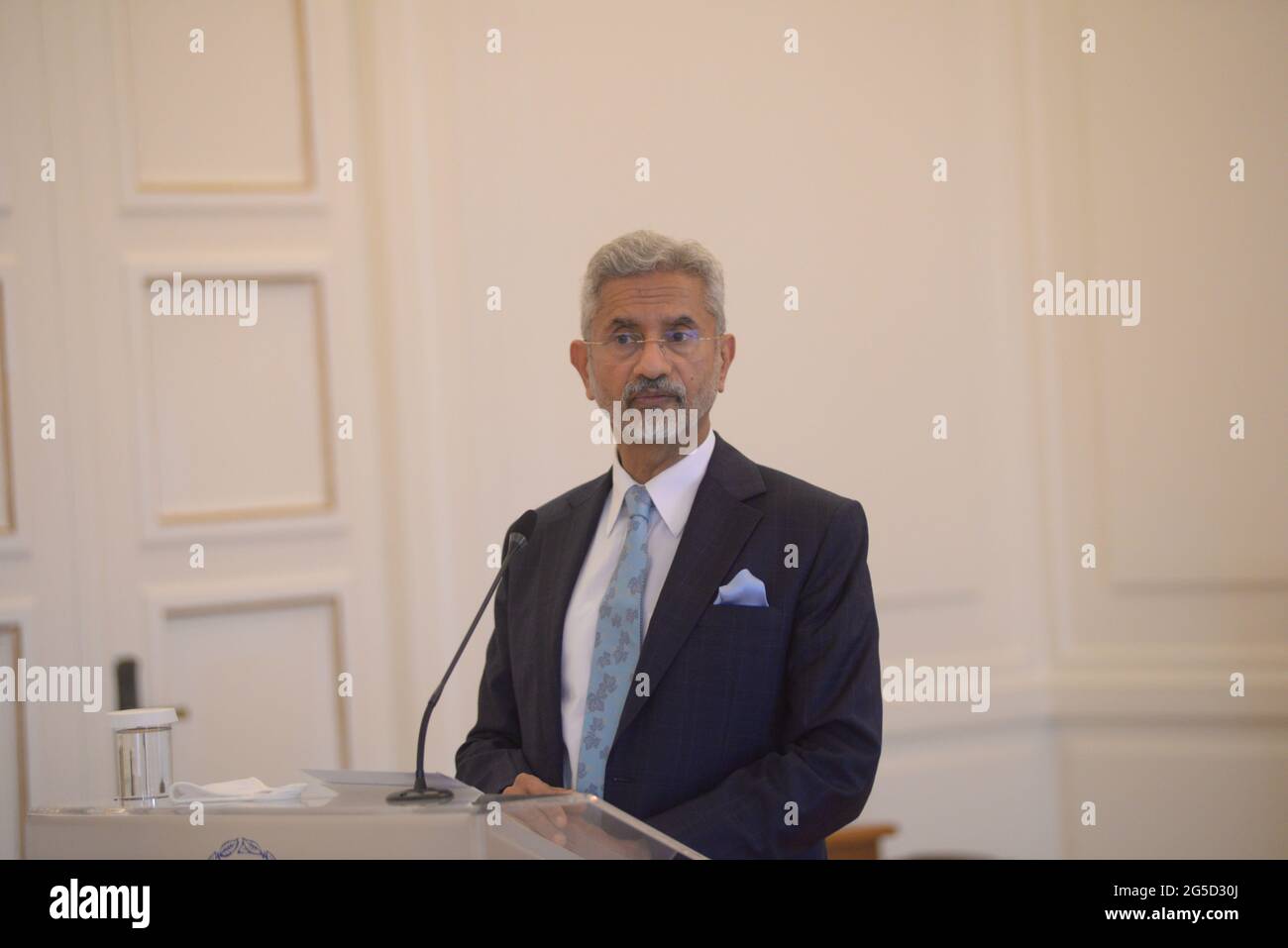 Atene, Grecia. 26 Giugno 2021. Ministro degli Affari Esteri dell'India, il Dott. Subrahmanyam Jaishankar, durante le dichiarazioni comuni con il Ministro degli Affari Esteri della Grecia Nikos Dendia. (Foto di Dimitrios Karvountzis/Pacific Press) Credit: Pacific Press Media Production Corp./Alamy Live News Foto Stock