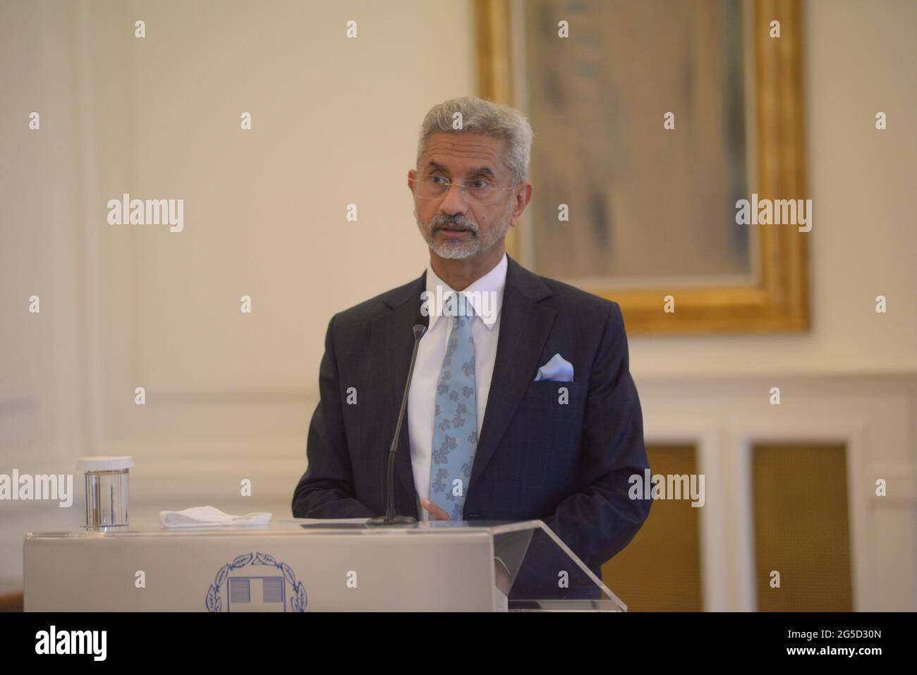 Atene, Grecia. 26 Giugno 2021. Ministro degli Affari Esteri dell'India, il Dott. Subrahmanyam Jaishankar, durante le dichiarazioni comuni con il Ministro degli Affari Esteri della Grecia Nikos Dendia. (Foto di Dimitrios Karvountzis/Pacific Press) Credit: Pacific Press Media Production Corp./Alamy Live News Foto Stock