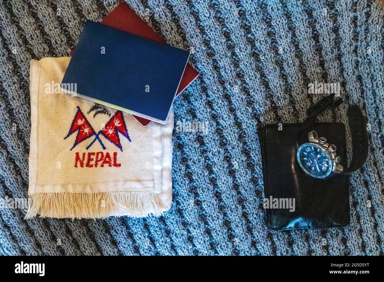 Immagine di posa piatta. Tema di viaggio Foto Stock