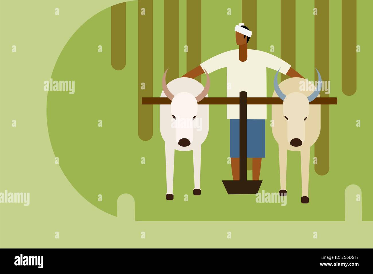 Coltivatore aratura campo agricolo utilizzando un paio di torelli Illustrazione Vettoriale