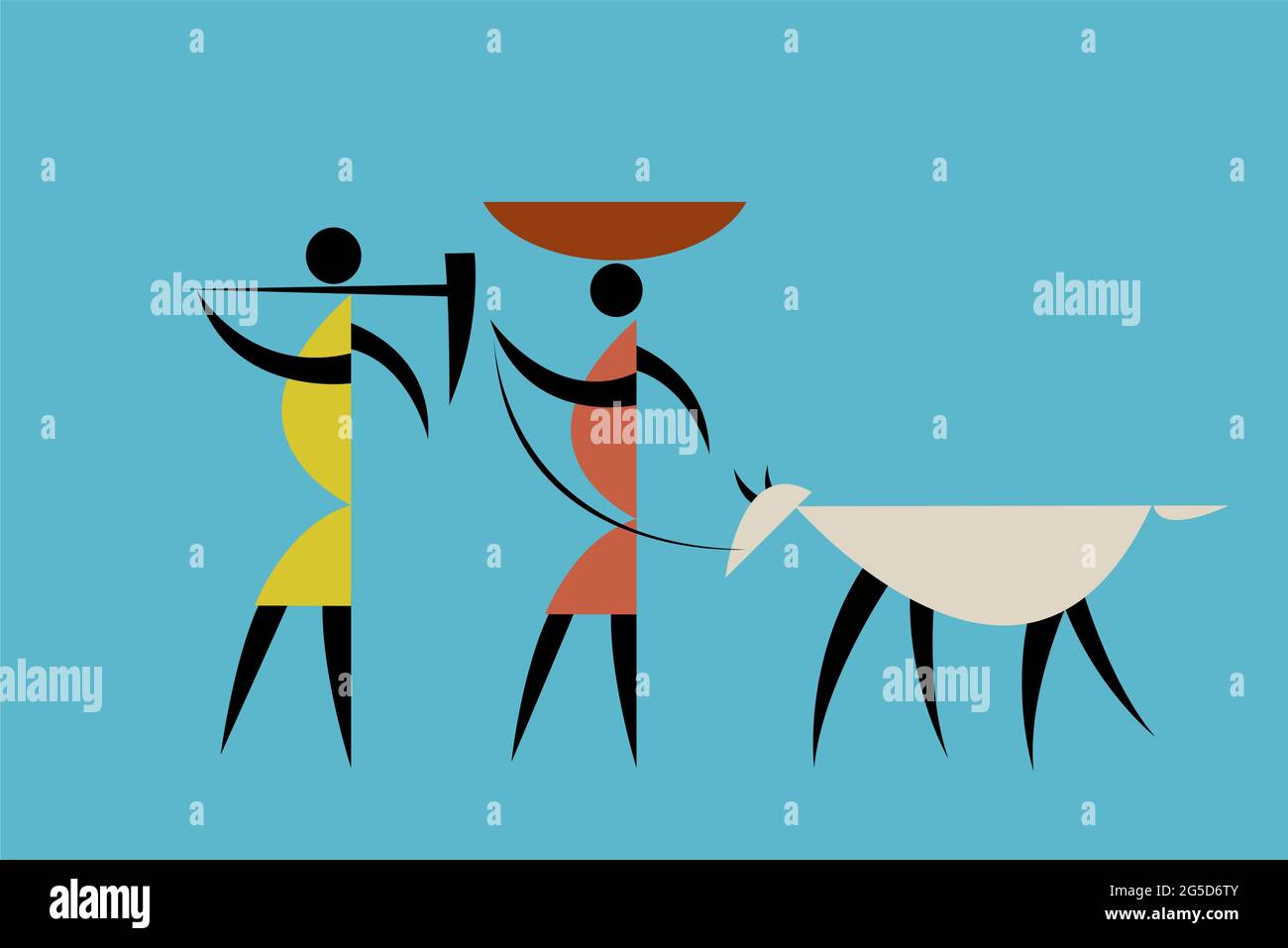 Illustrazione di stile tribale di una famiglia che raccoglie le cose dalla foresta Illustrazione Vettoriale