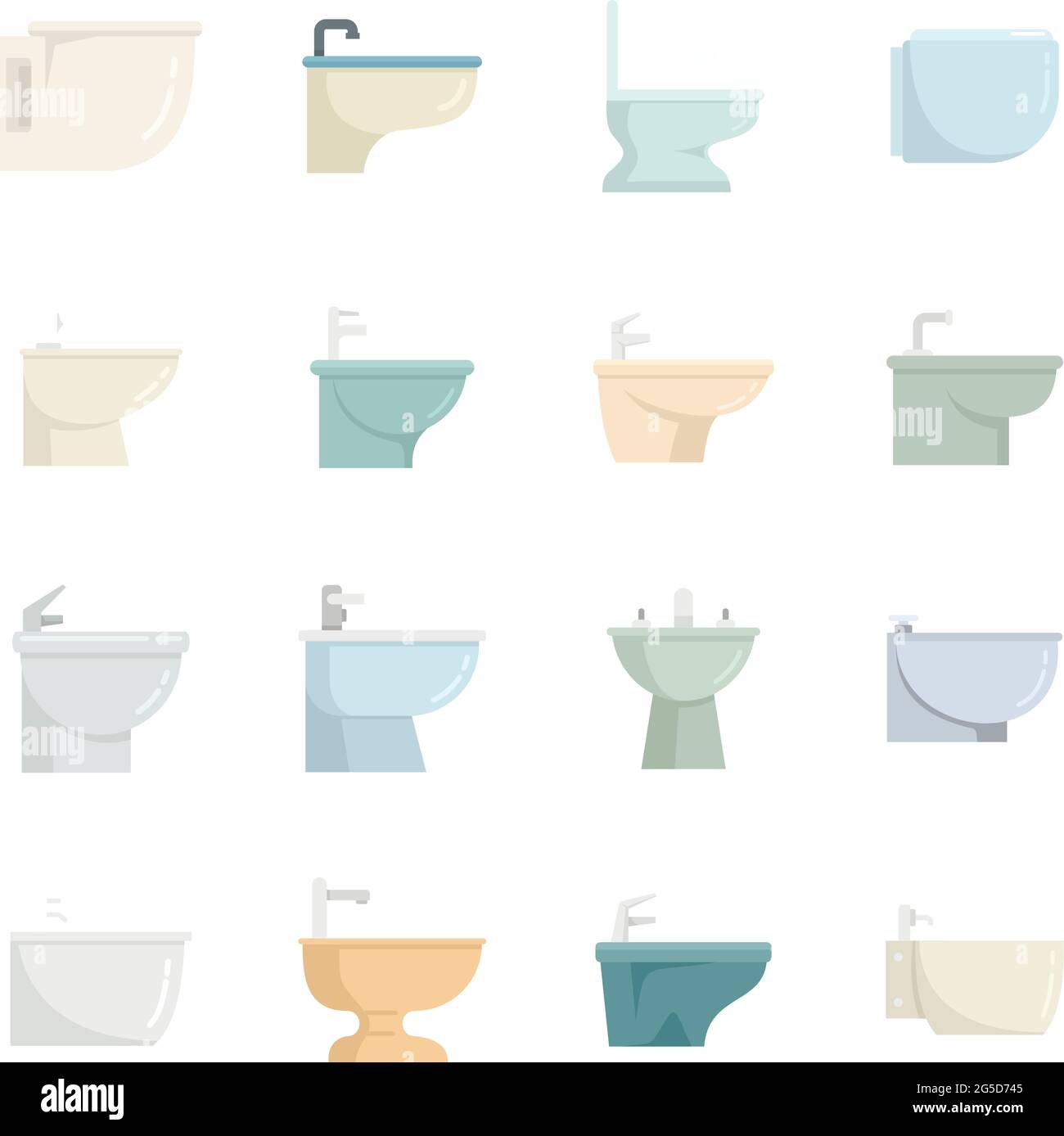 Le icone del bidet impostano un vettore piatto isolato Illustrazione Vettoriale