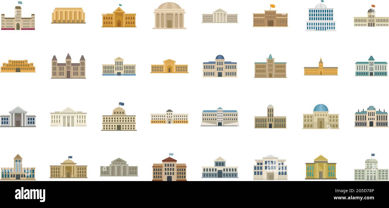 Le icone del Parlamento impostano un vettore piatto isolato Illustrazione Vettoriale