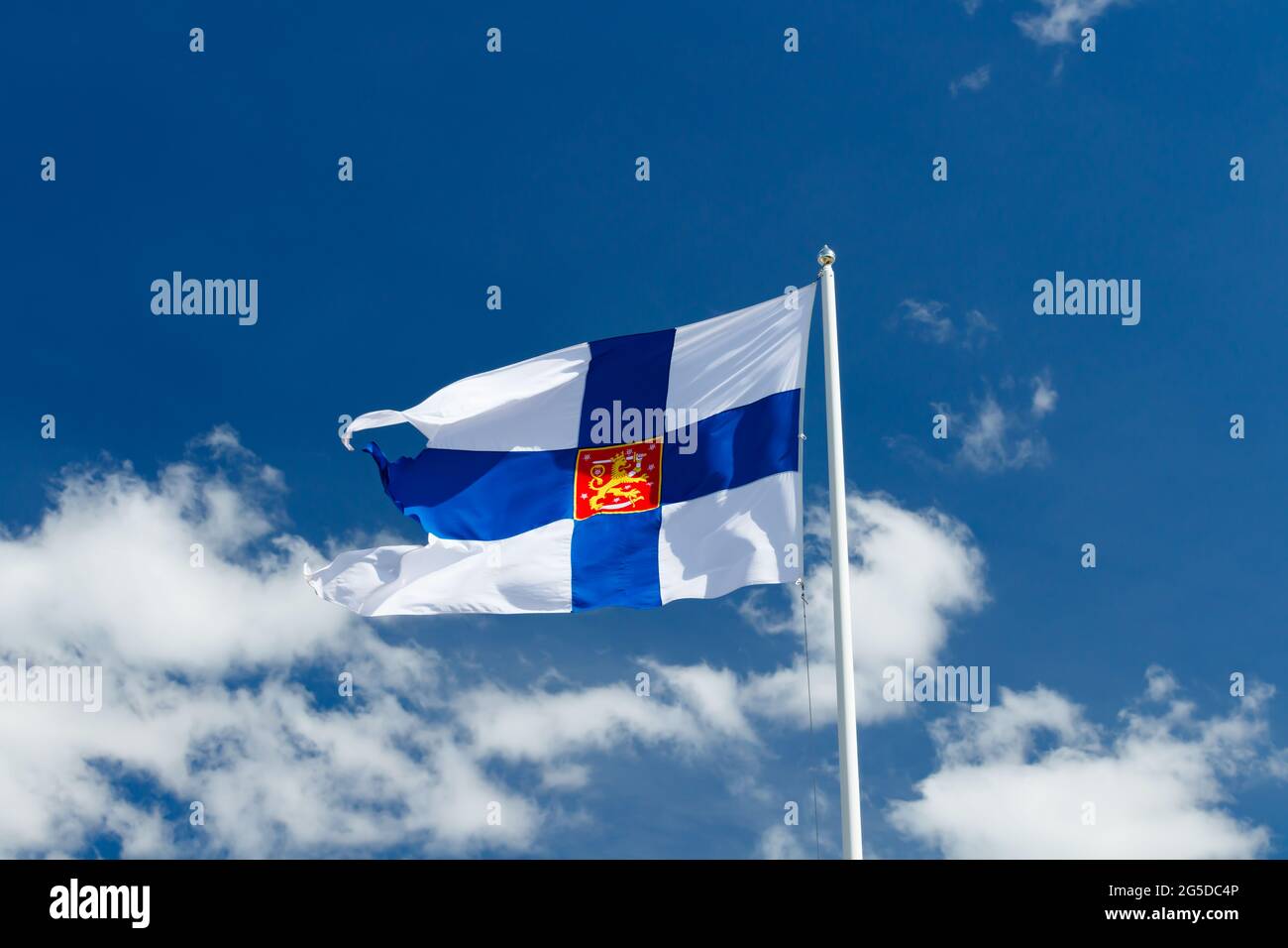 Bandiera di Stato della Finlandia con stemma nazionale contro il cielo blu sul vento Foto Stock