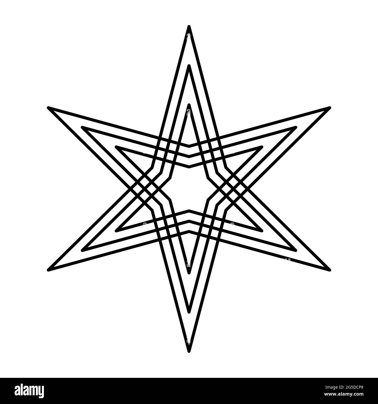 Stella a sei punte con linee di offset. Due stelle a tre punte, ciascuna con tre linee, posizionate simmetriche l'una sopra l'altra. Esagramma. Foto Stock