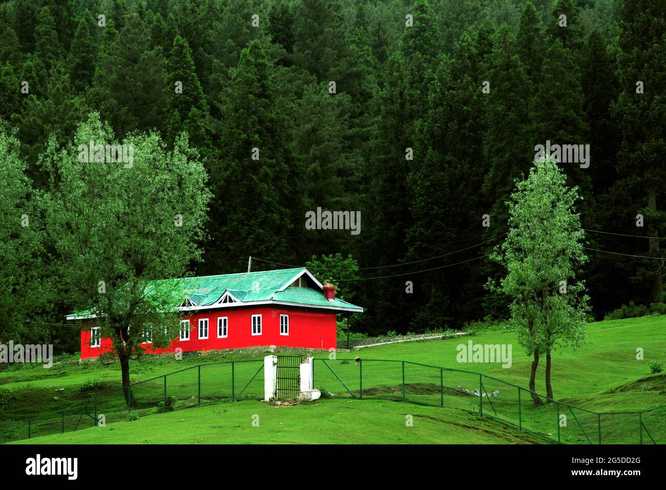 Casa in legno rosso con tetto verde sotto la verde valle di montagna. Foto Stock