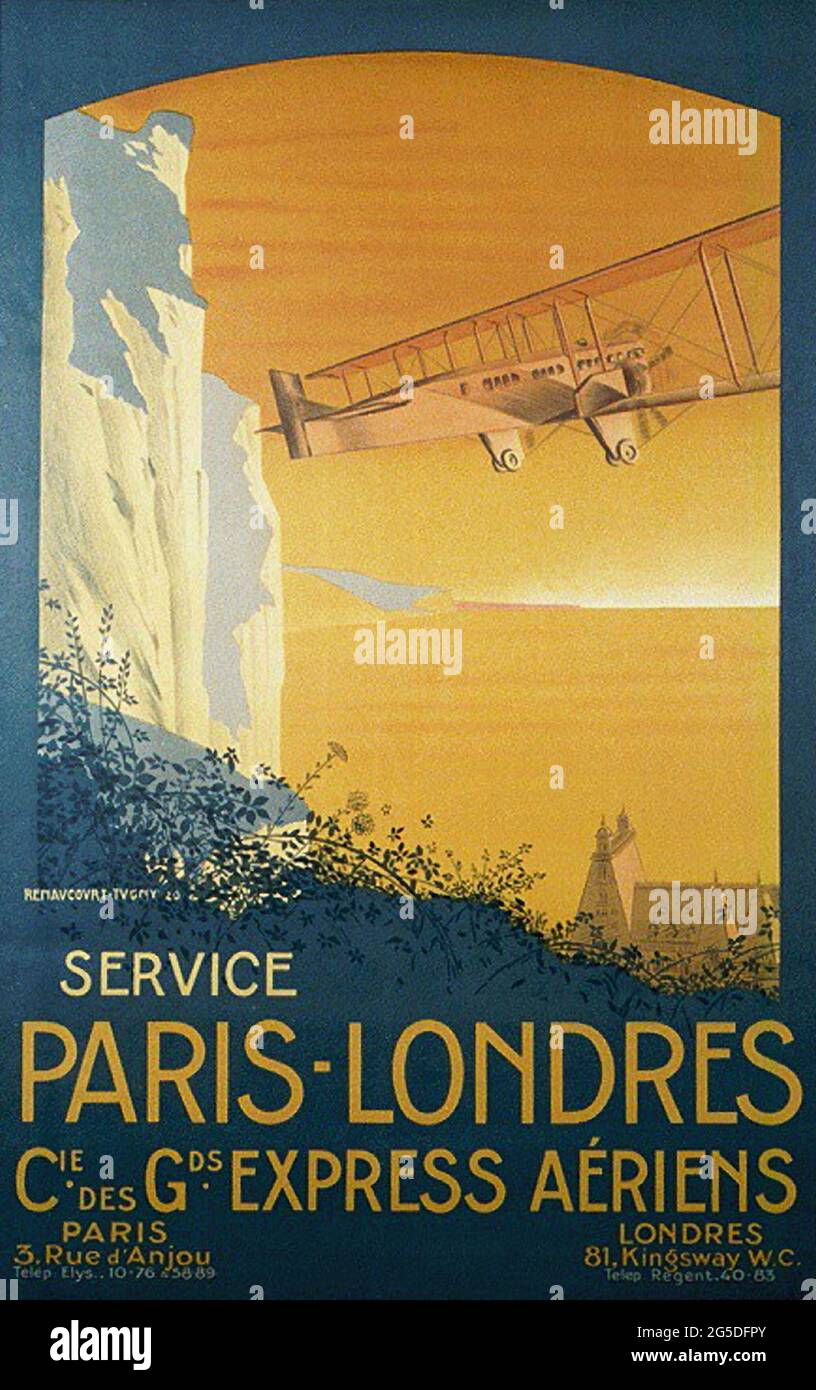 Un poster di viaggio vintage del 1920 per un servizio aereo da Parigi a Londra Foto Stock